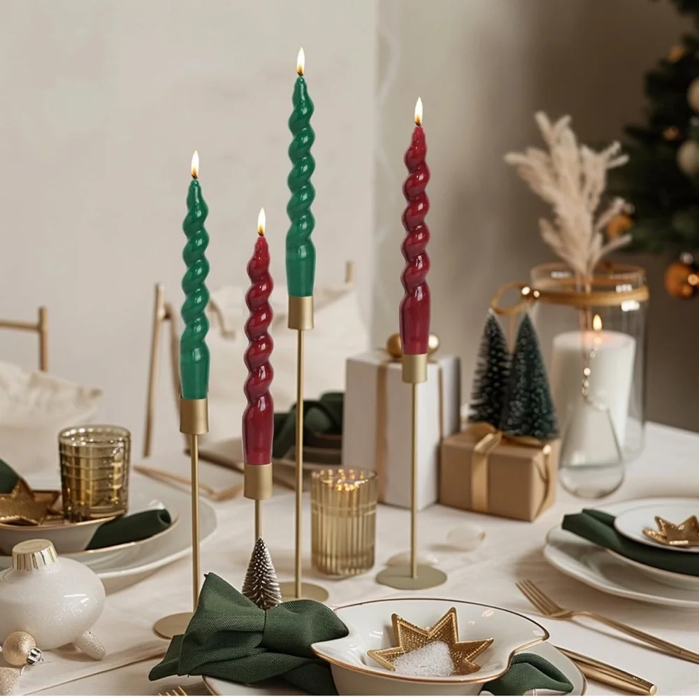 MAITREYA Christmas Short Taper Twisted Candles Set of 4 - Green and Red